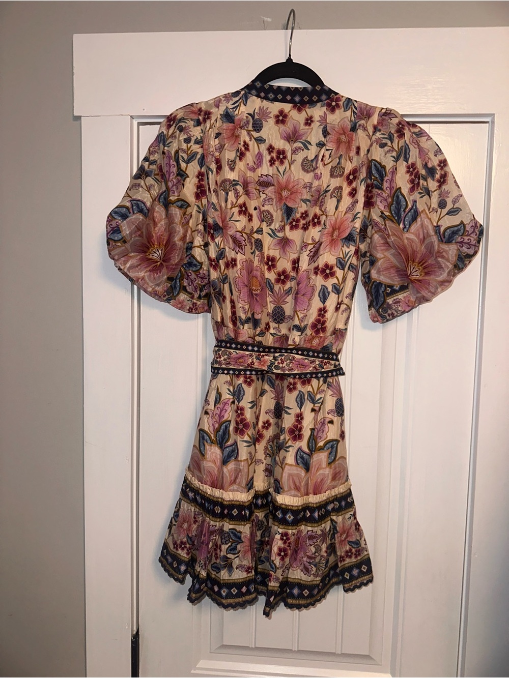 Farm Rio Size Small Floral Cotton-Blend Short Dress with BeadedBelt - Pink Flora - Picture 8 of 14
